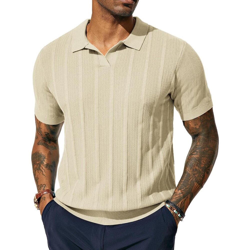 Men's Polo Shirts Textured Knit V Neck Golf Polo Premium Yarn Provide Soft Touch